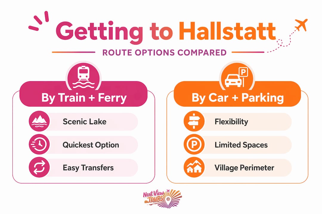 Infographic comparing Hallstatt train and car routes