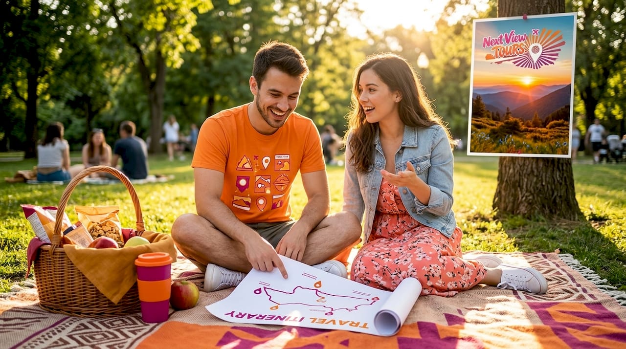 Couple discussing group trip itinerary at home