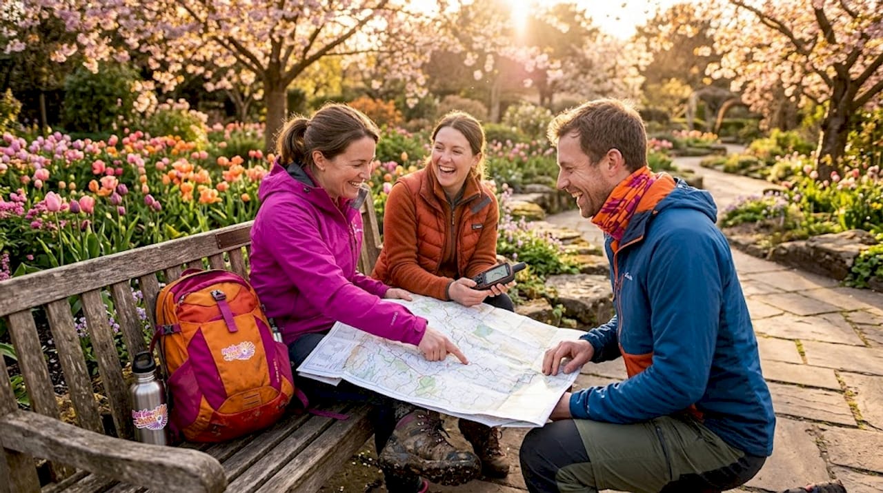 Group reviewing map while beginning outdoor trek