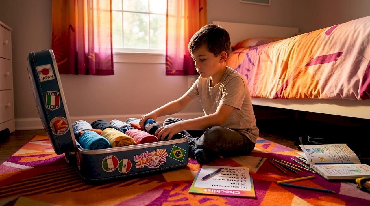 Child independently packing suitcase in bedroom