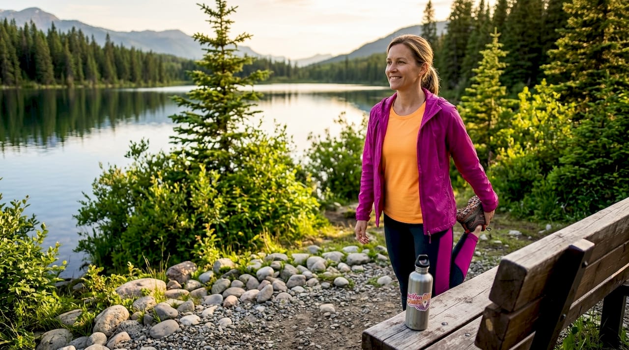 Woman stretching after nature walk in park