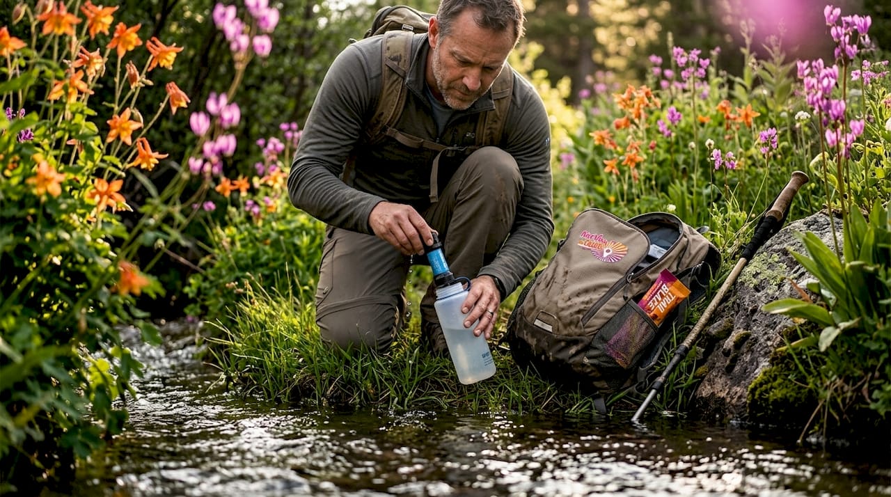 Man filtering stream water while hiking
