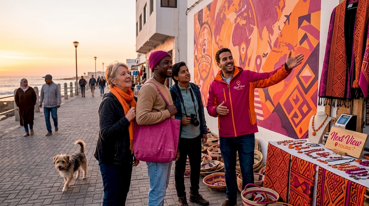 Guide leading tourists in local market street