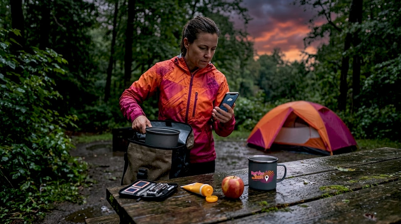 Touring cyclist setting up camp in light rain