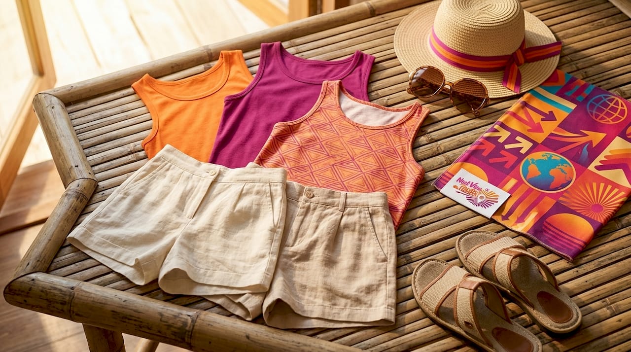 Flat lay of summer mix-and-match clothing