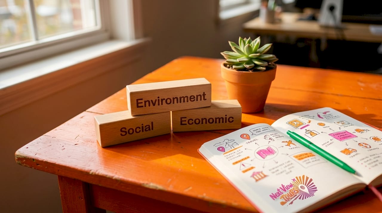 Wooden blocks representing sustainable tourism pillars