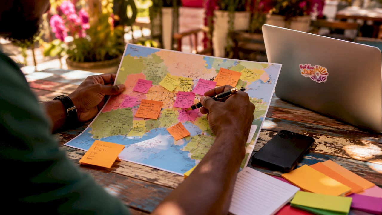 Hands pointing at visitor journey map