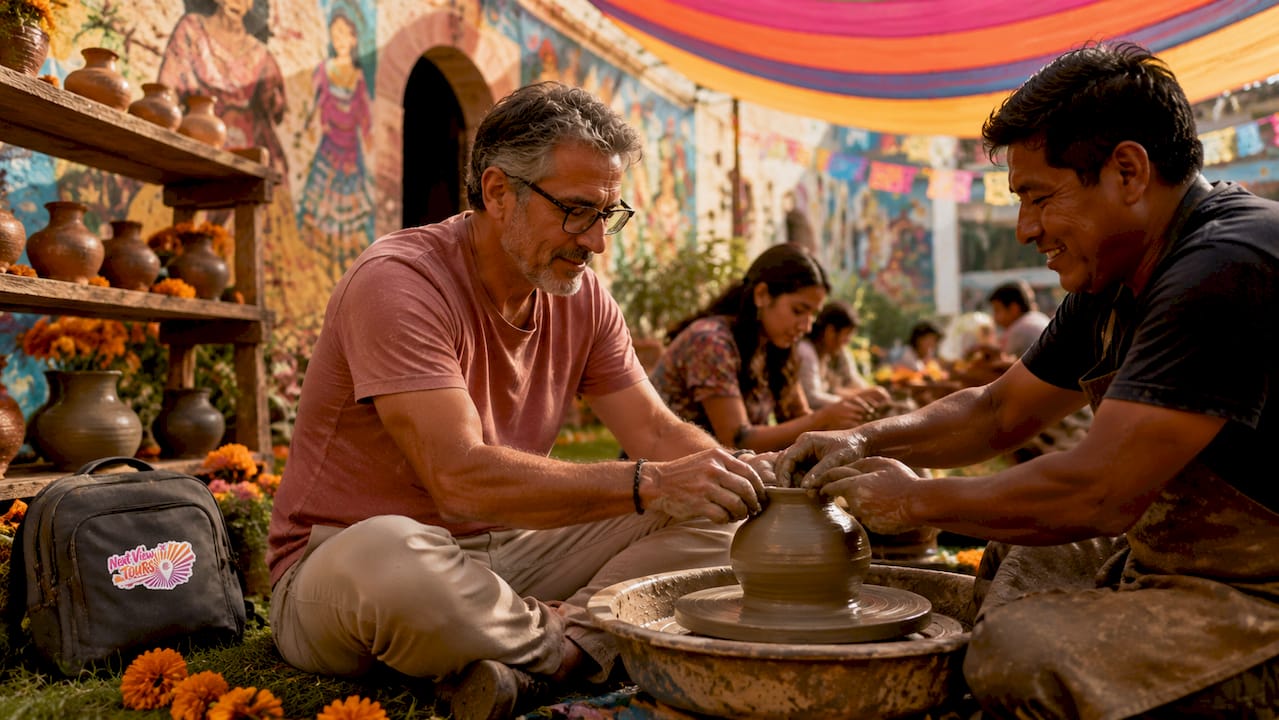 Traveler learning traditional handicraft indoors