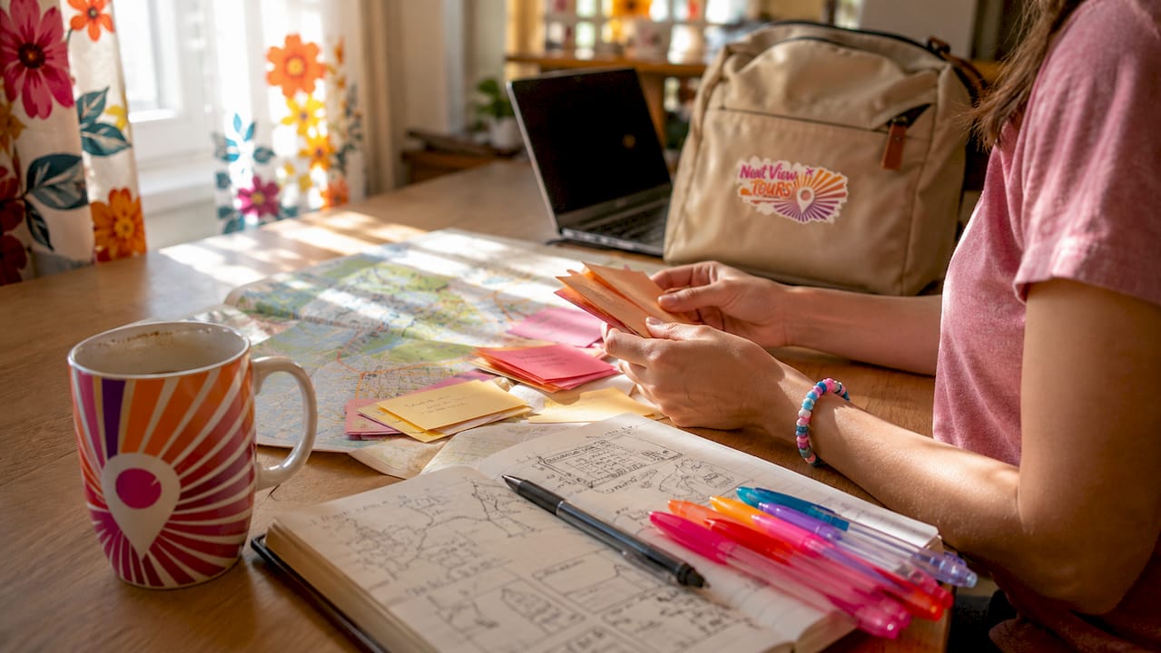 Hands organizing itinerary index cards at cafe table