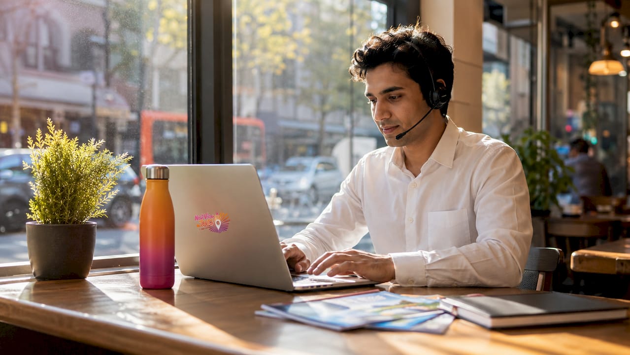 Travel agent managing bookings at workstation