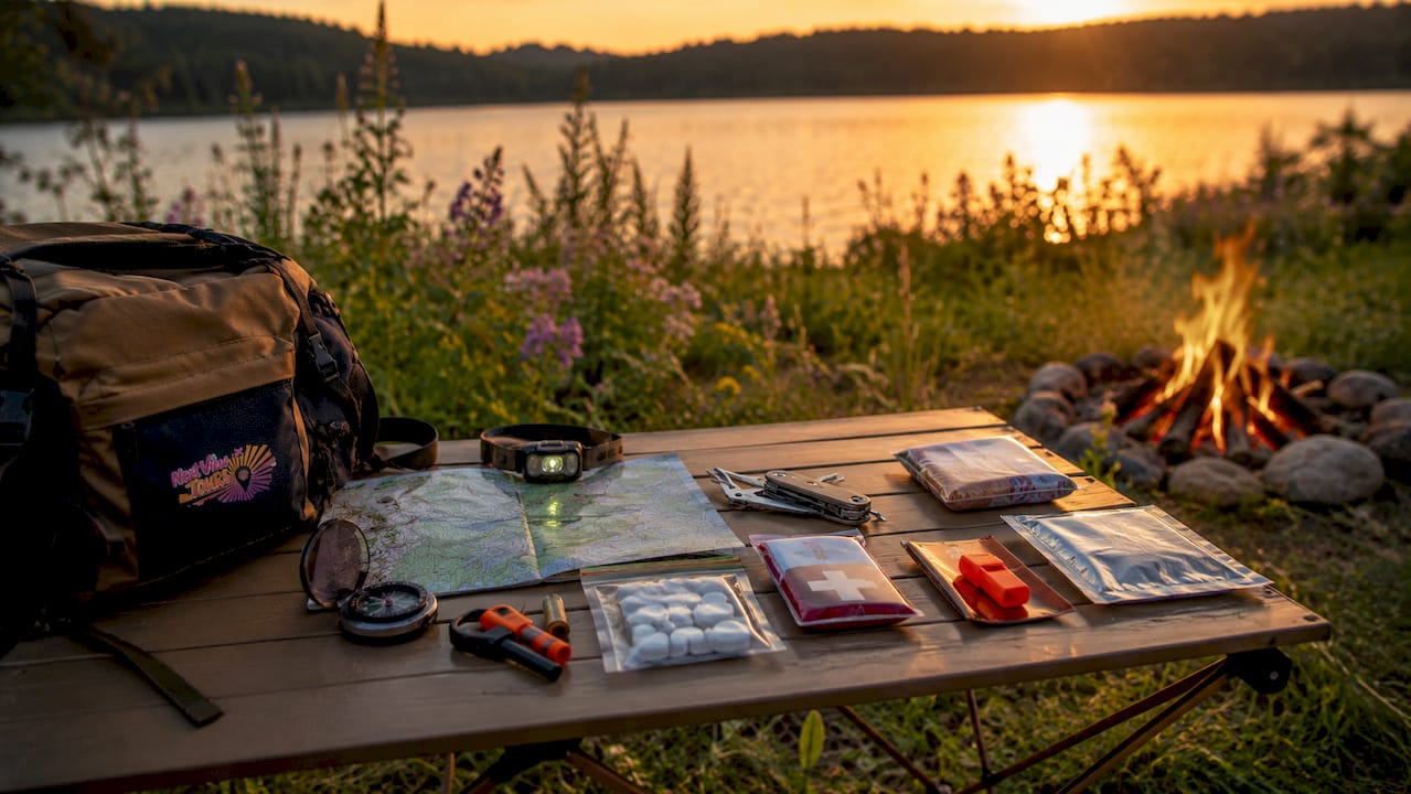 Overhead view of 10 Essentials nature trip gear