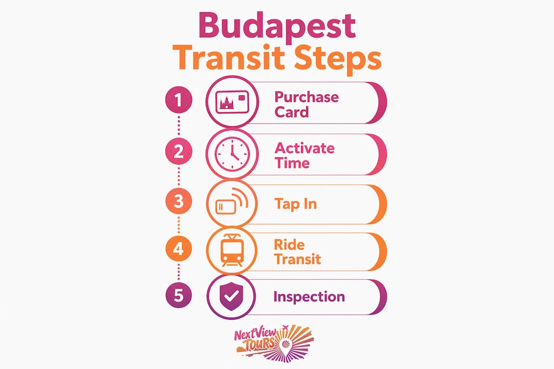 Infographic showing steps to use Budapest transit system properly