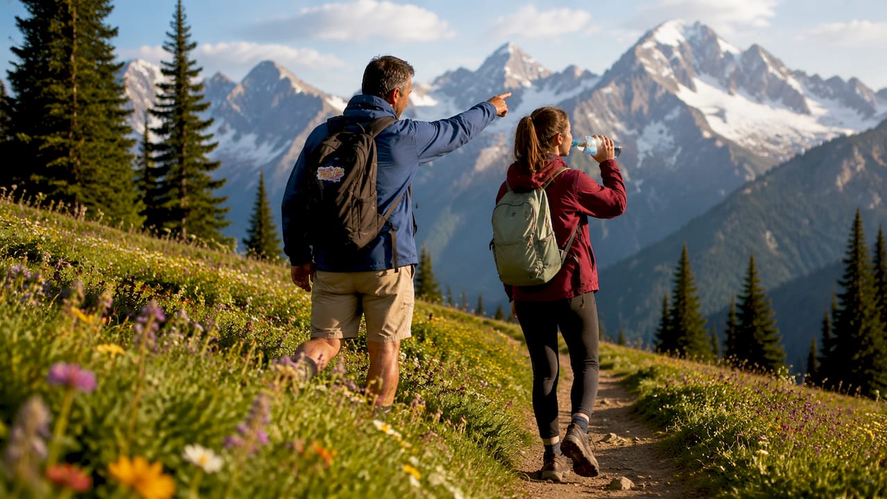Family hiking alpine meadow trail
