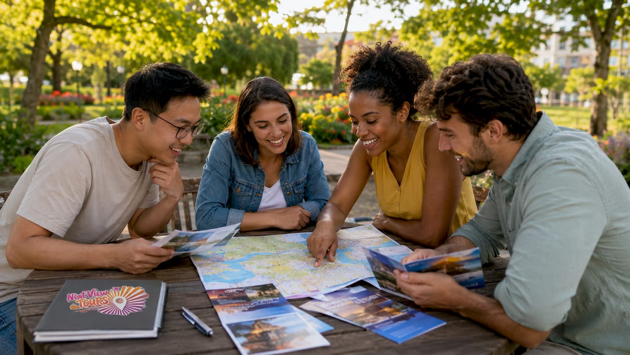 Group discussing travel itinerary around table