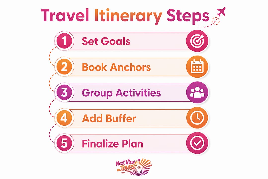 Infographic showing travel itinerary building steps