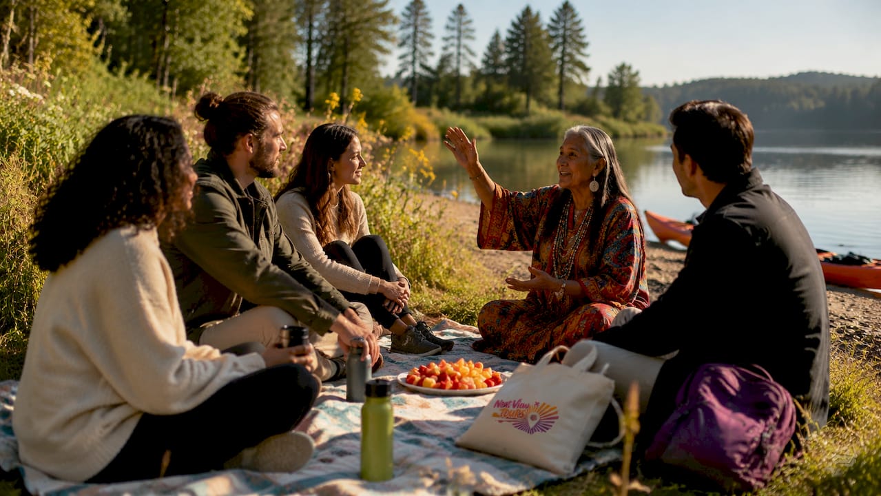 Travelers listening to local guide outdoors