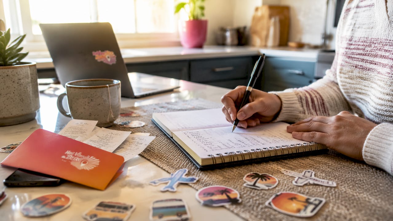 Hands writing family travel budget list