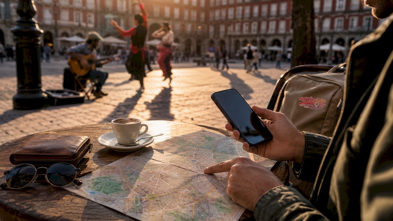 Madrid sightseeing map with traveler’s hands