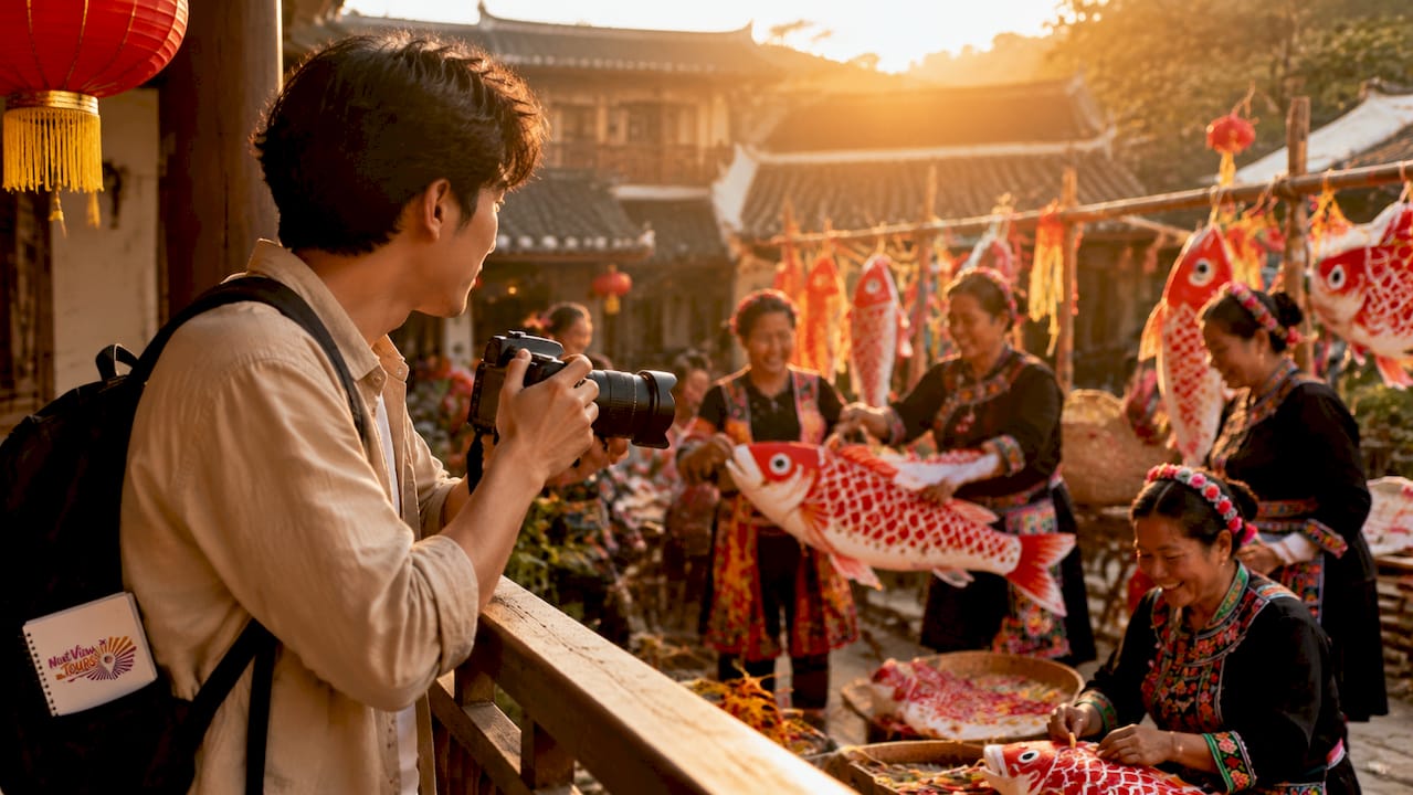 Traveler observing traditional river fishing festival