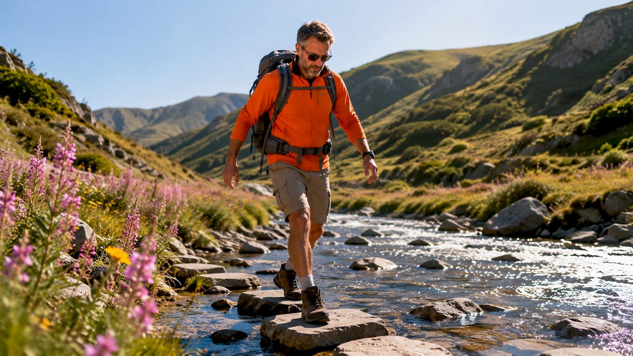 Hiker crossing rocky stream outdoors