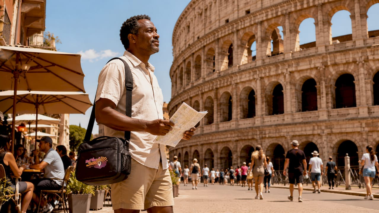 Traveler admiring Colosseum landmark at dusk