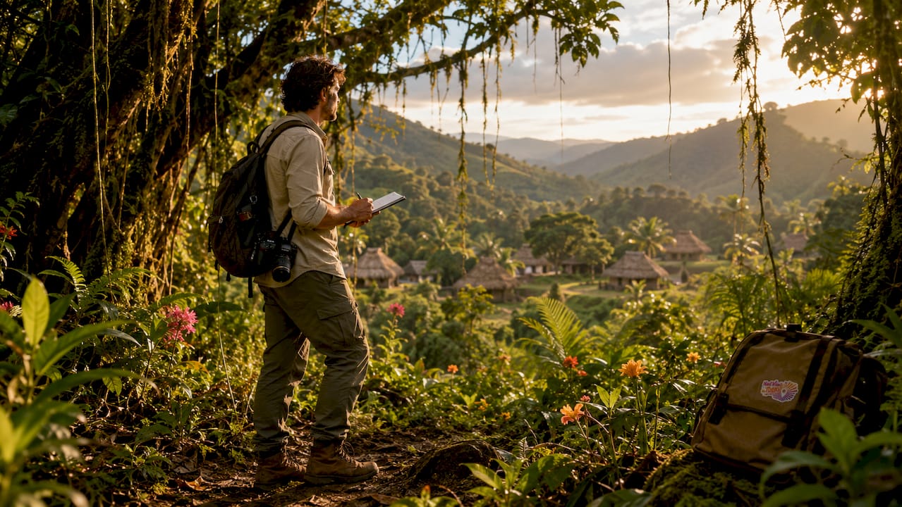 Researcher trekking near traditional village
