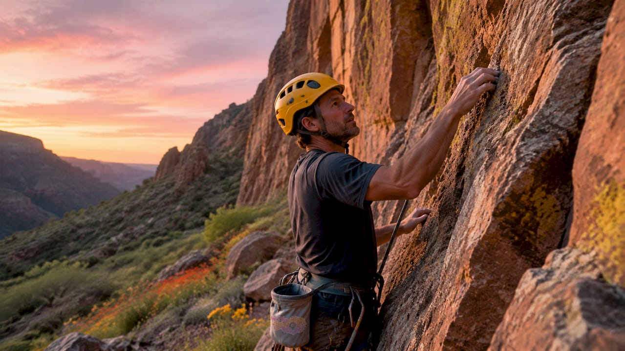Climber ascending steep mountain cliff