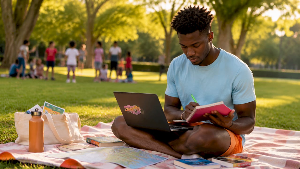 Travel agent planning trip with laptop and books