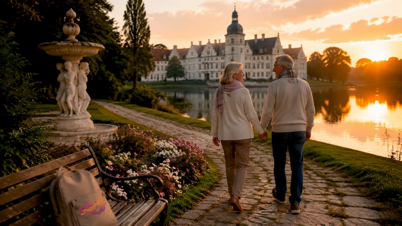 Visitors walking near Laxenburg Castle Park lake in spring