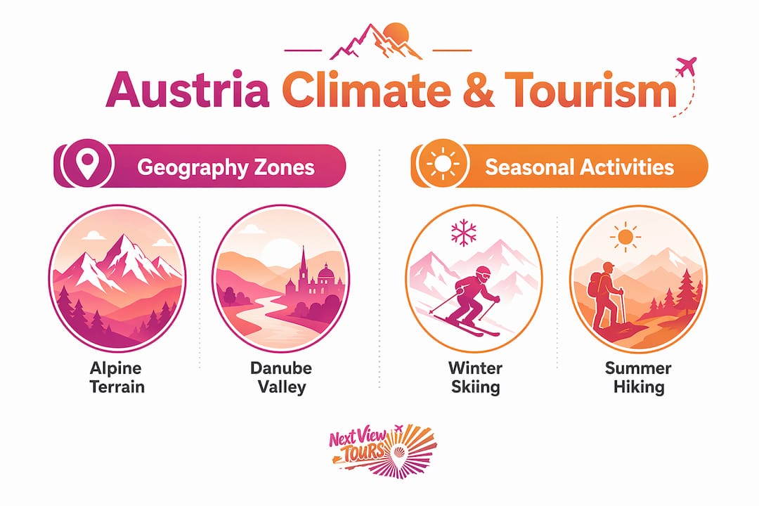 Infographic comparing Austria's climate zones and tourism seasons