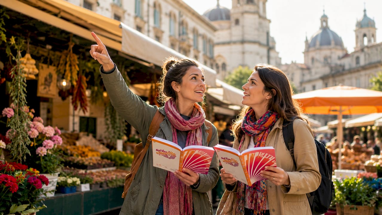 Friends reading guidebooks in European city street