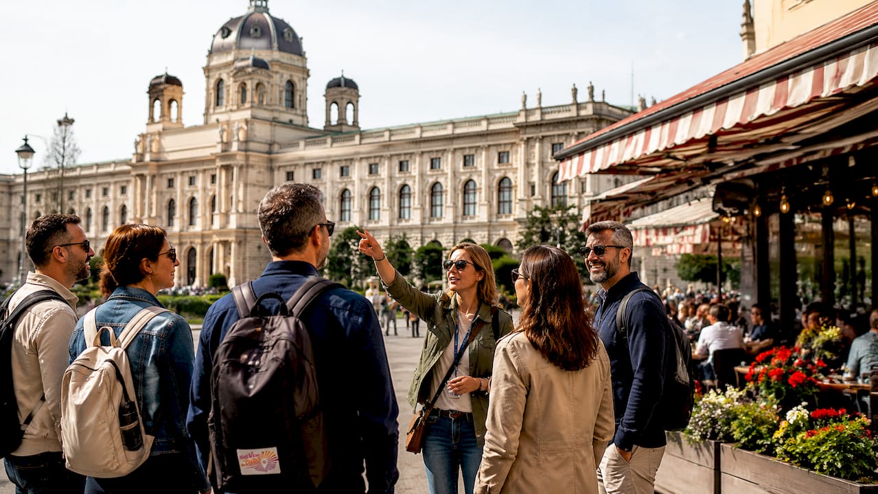 Tourists admiring Vienna museum architecture