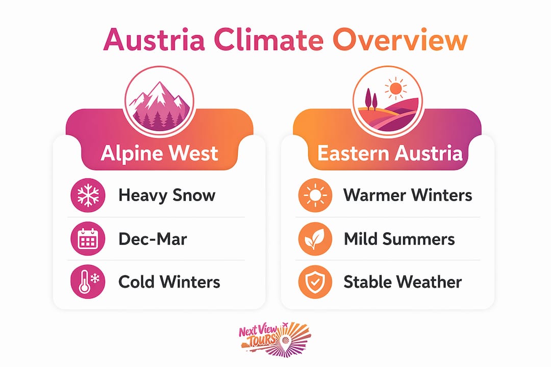 Infographic comparing Austria climate regions and seasons
