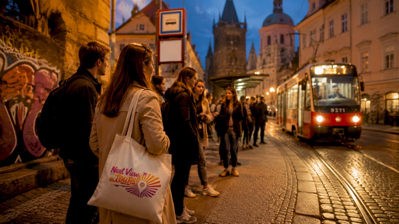Commuters waiting at Prague tram stop in city