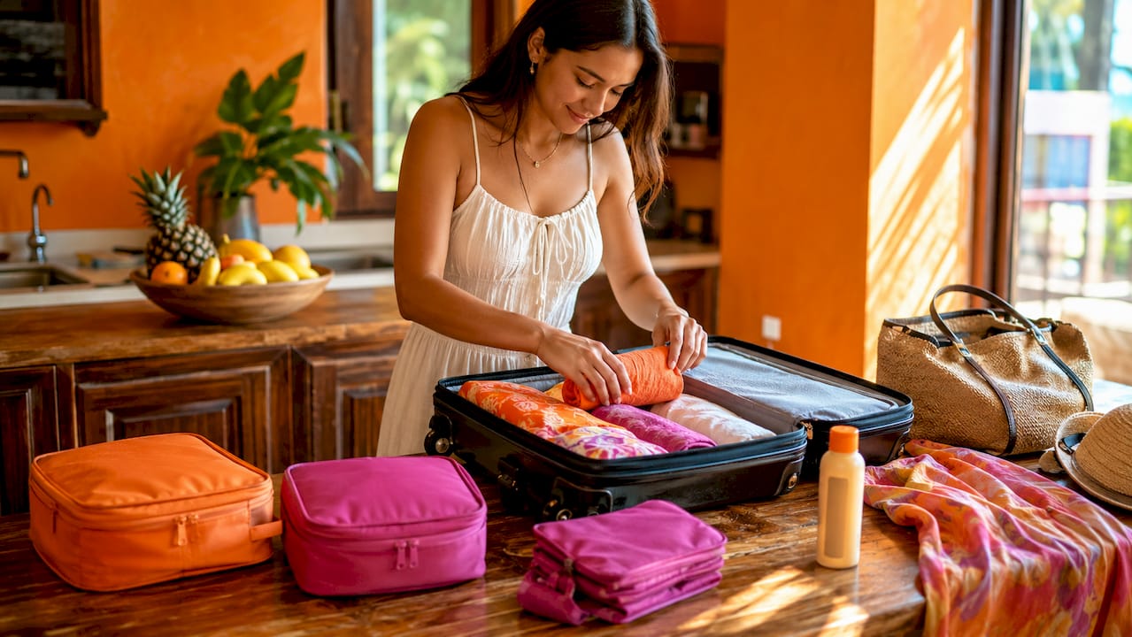 Close-up of hands packing summer clothes neatly in suitcase