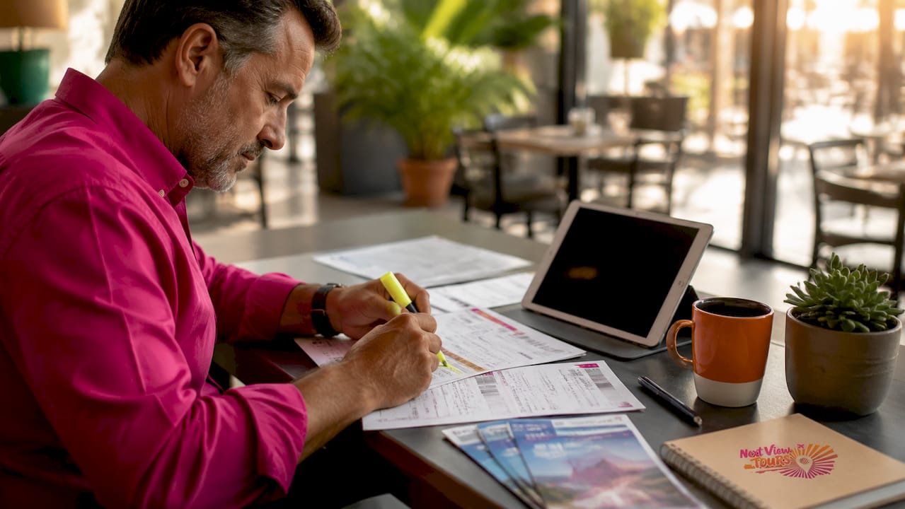 Hands organizing booking confirmations and documents