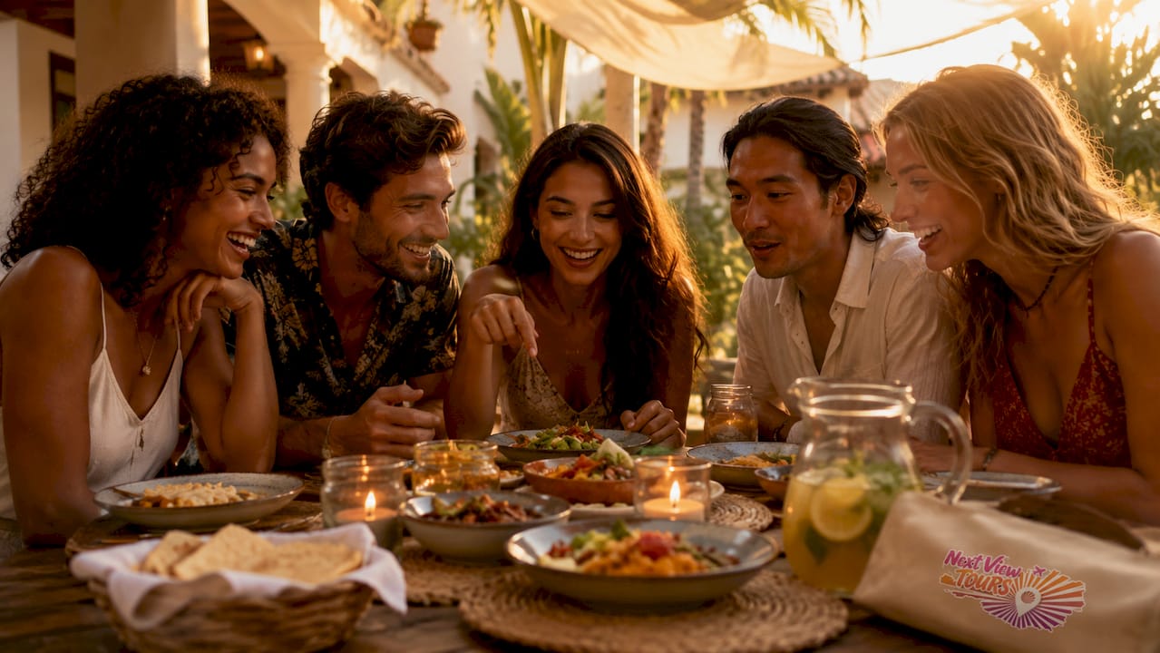 Friends sharing meal at vacation rental villa patio