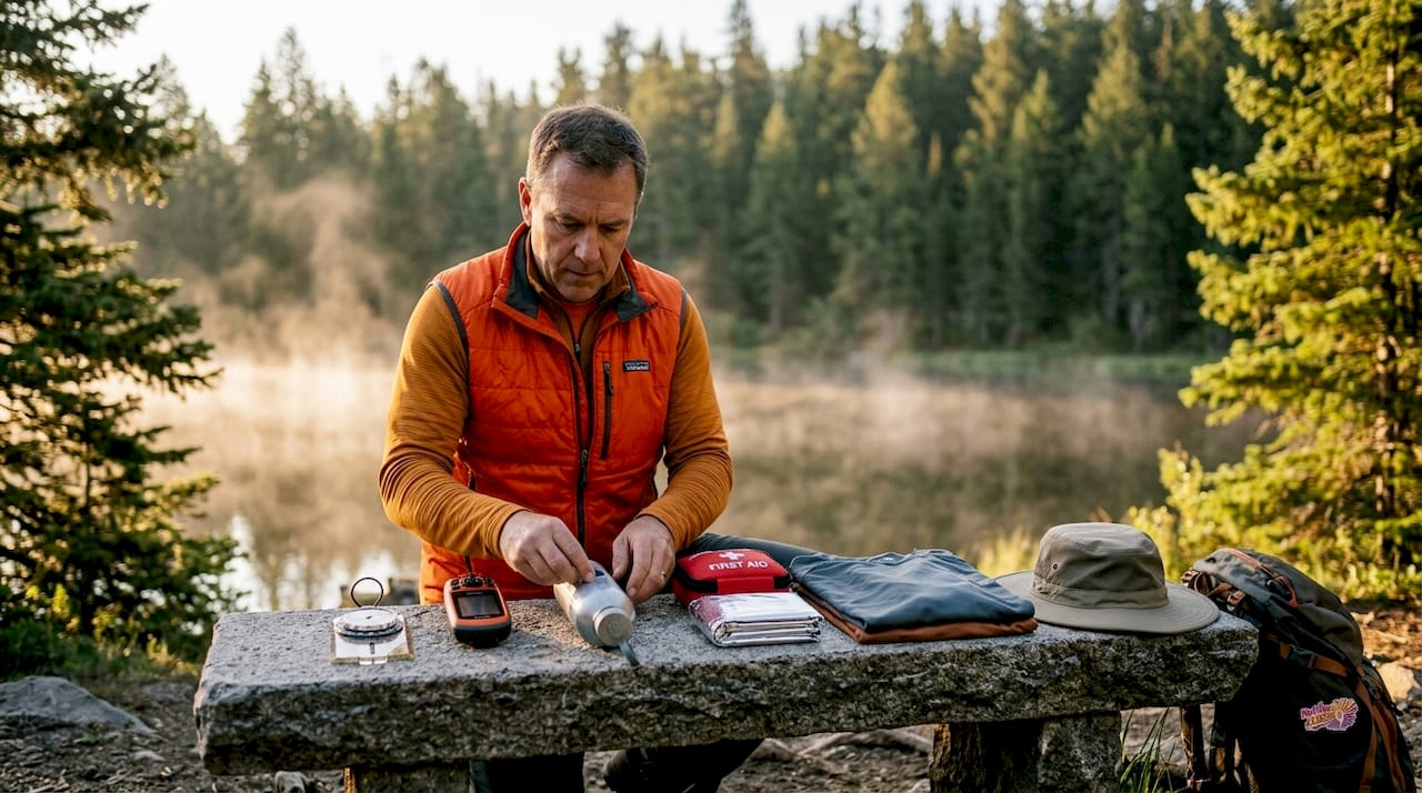 Man arranging hiking essentials on picnic table