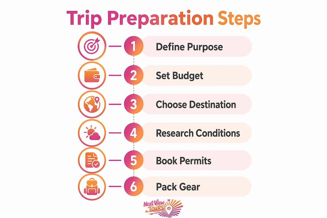 Infographic showing nature trip preparation steps timeline