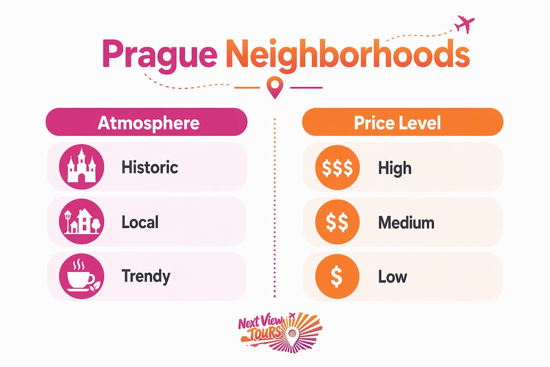 Infographic comparing Prague neighborhoods by atmosphere and price