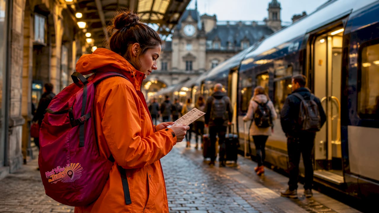 Traveler at European train station boarding train
