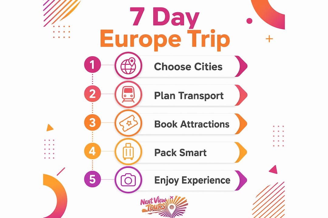 Infographic illustrating 7 day Europe trip steps