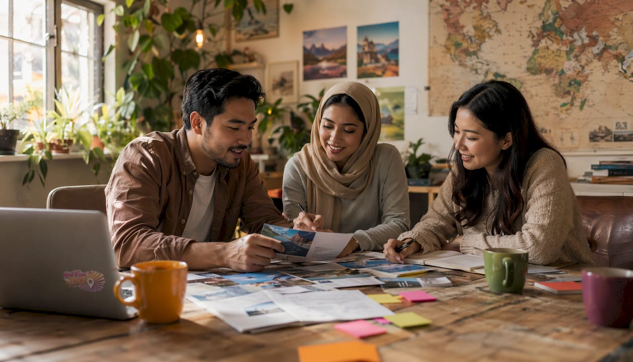 Travel agents collaborating in office