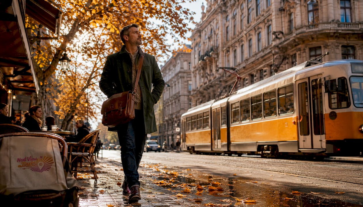 Man walking historic Budapest street autumn