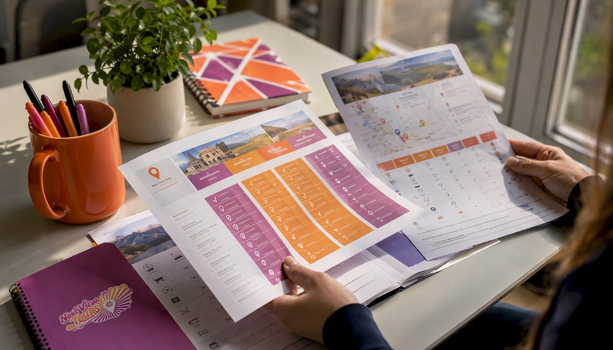 Hands reviewing Austria tour platform brochures