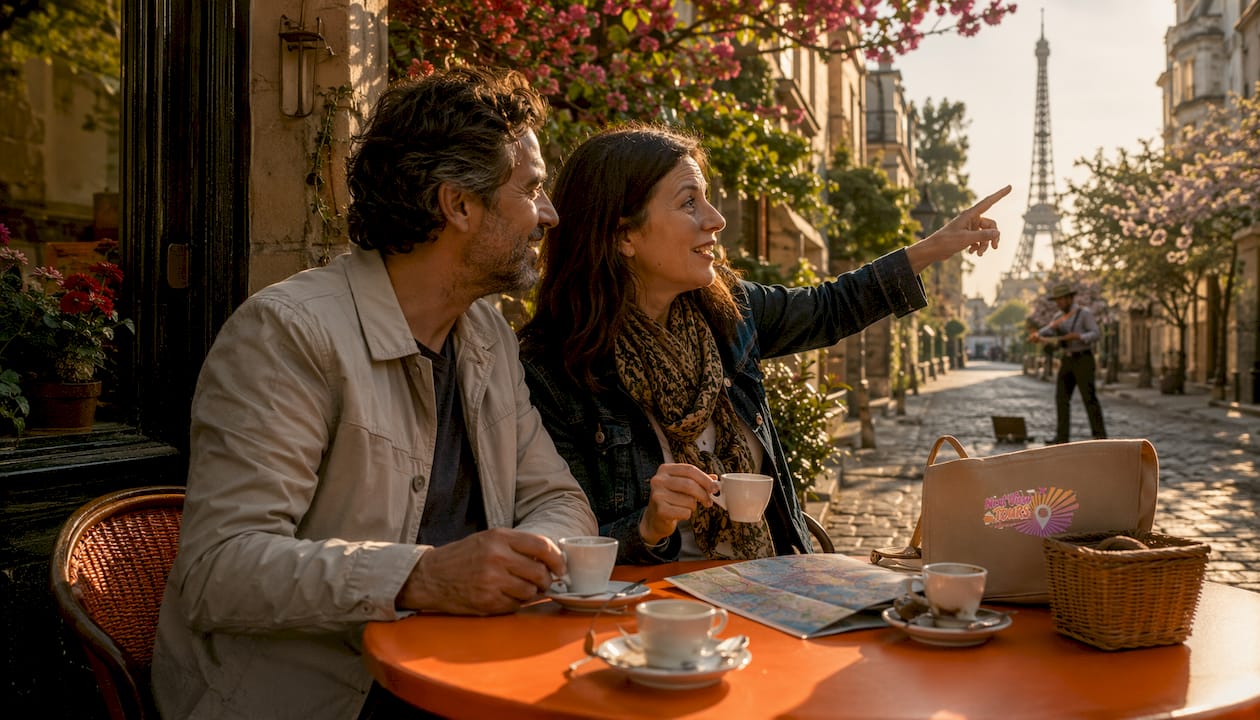 Couple enjoying coffee near Eiffel Tower in Paris