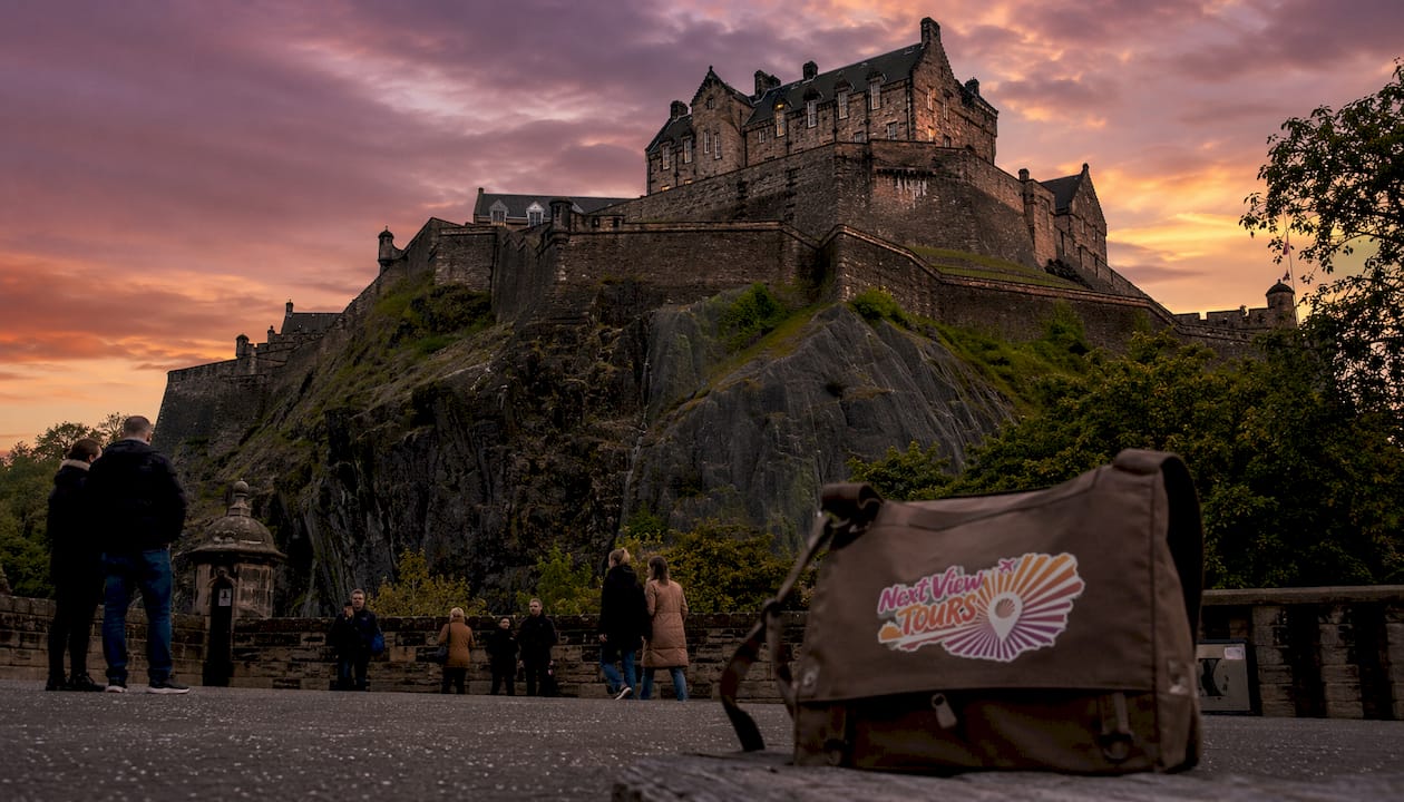 Edinburgh Castle on volcanic rock at sunset