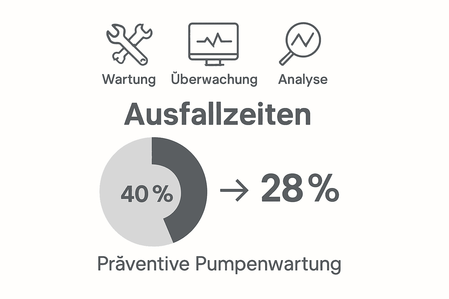 Infografik zur Ausfallzeiten-Reduktion durch Pumpenwartung mit Diagramm und Symbolen