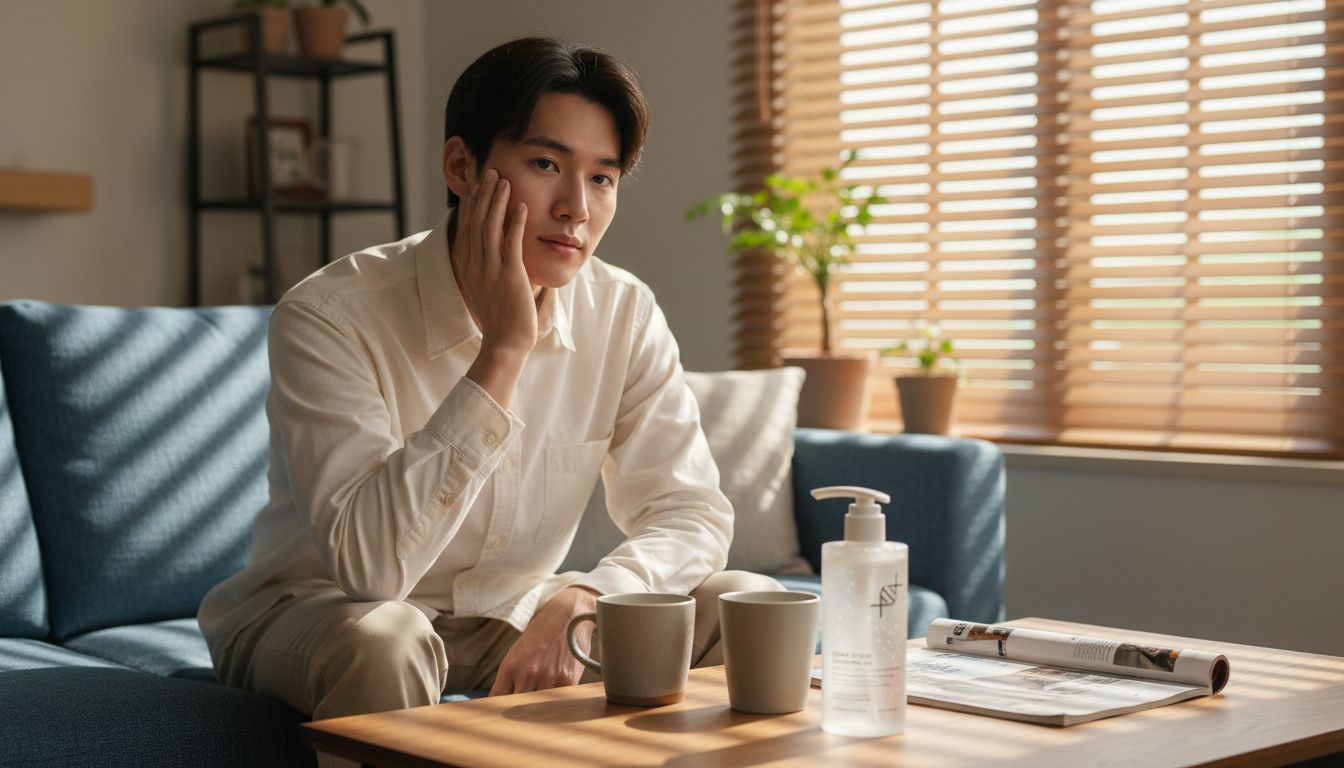 Man gently touches face in living room