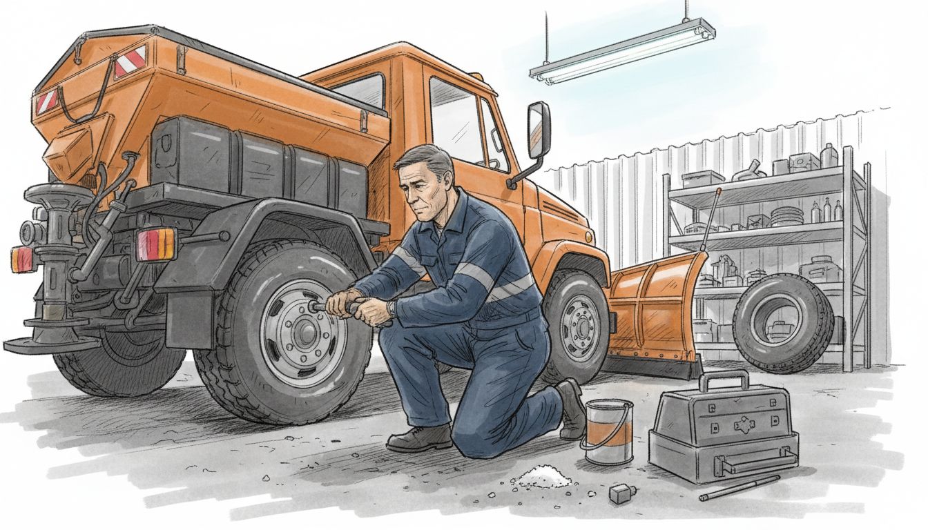 Mechanic maintains snowplow in winter service garage